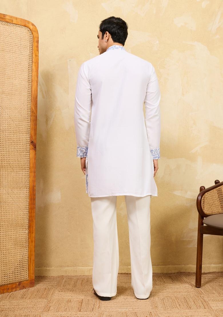 White Embroidered Silk Blend Kurta For Men - Indya