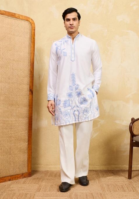 White Embroidered Silk Kurta For Men