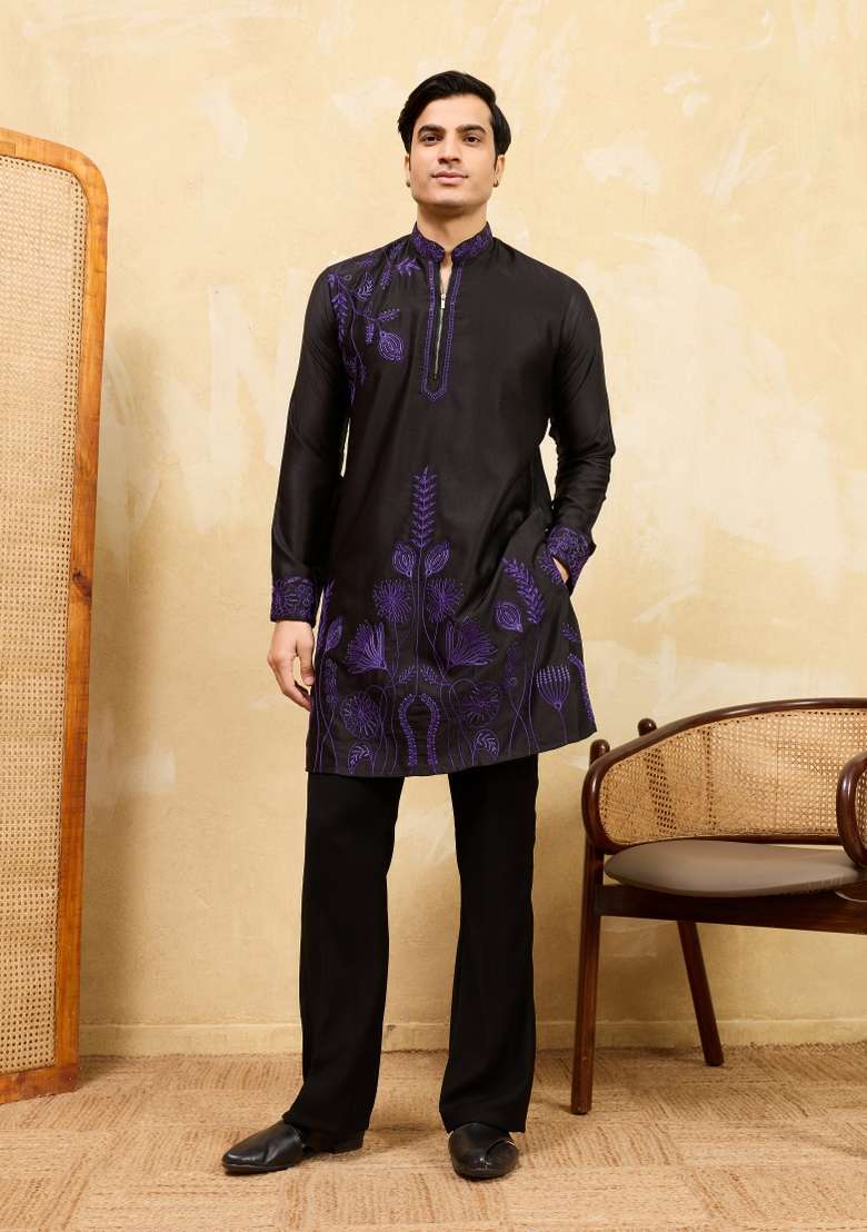 Black Embroidered Silk Blend Kurta For Men - Indya