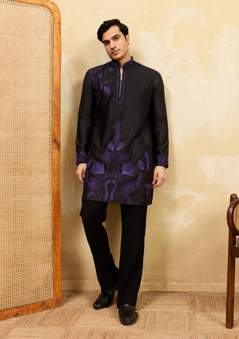 Black Embroidered Silk Blend Kurta For Men - Indya