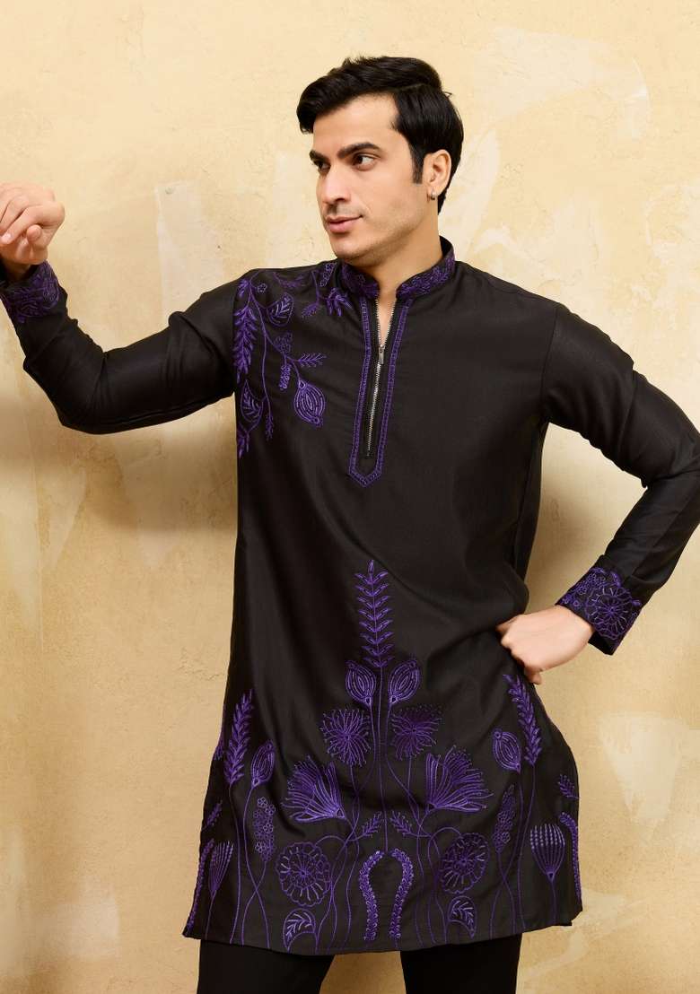 Black Embroidered Silk Blend Kurta For Men - Indya