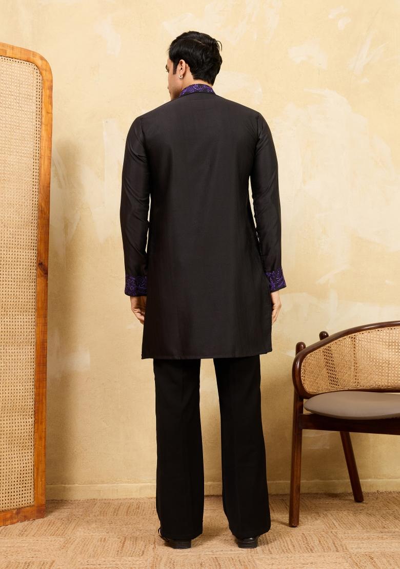 Black Embroidered Silk Blend Kurta For Men - Indya