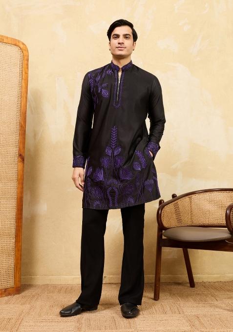 Black Embroidered Silk Kurta For Men