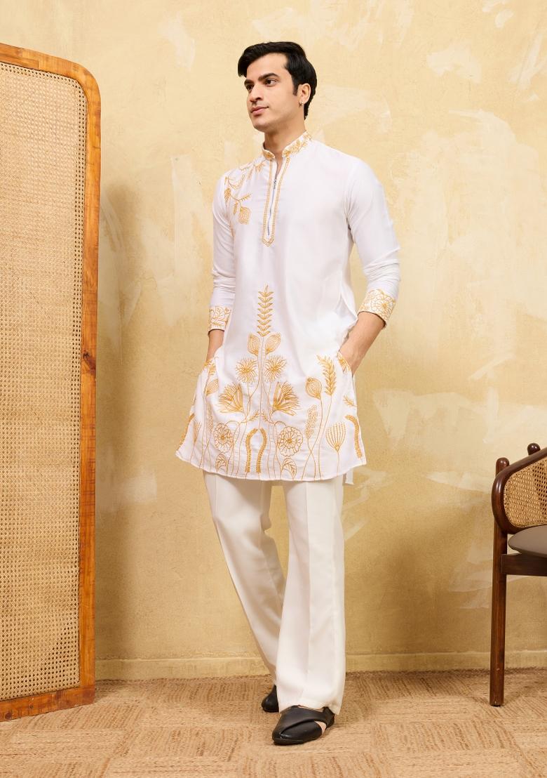 White Embroidered Silk Blend Kurta For Men - Indya