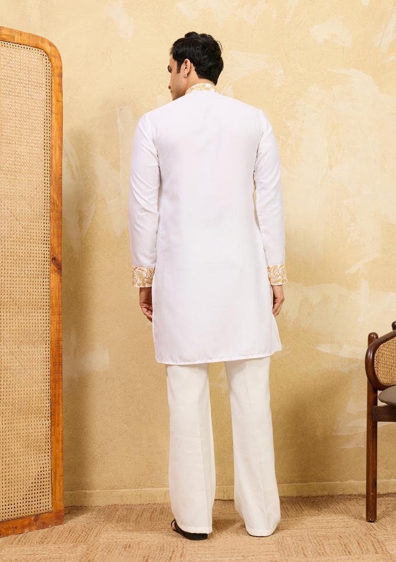 White Embroidered Silk Blend Kurta For Men - Indya