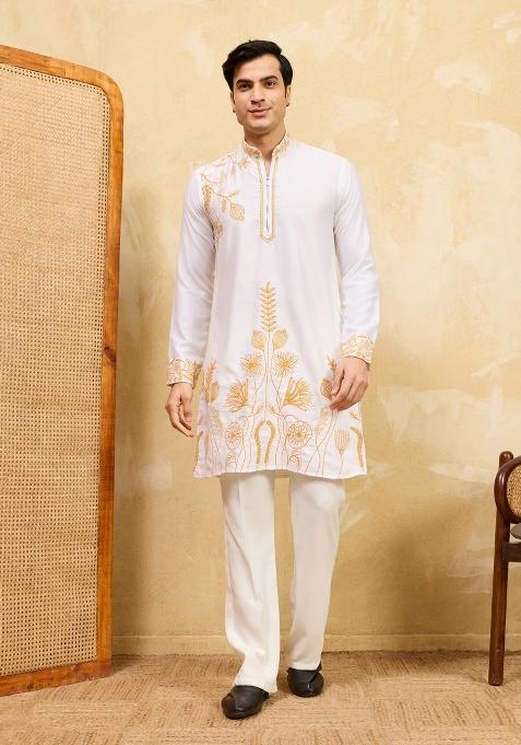 White Embroidered Silk Kurta For Men