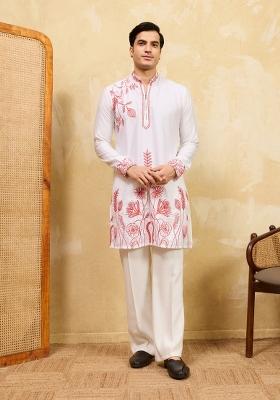 White Embroidered Silk Blend Kurta For Men