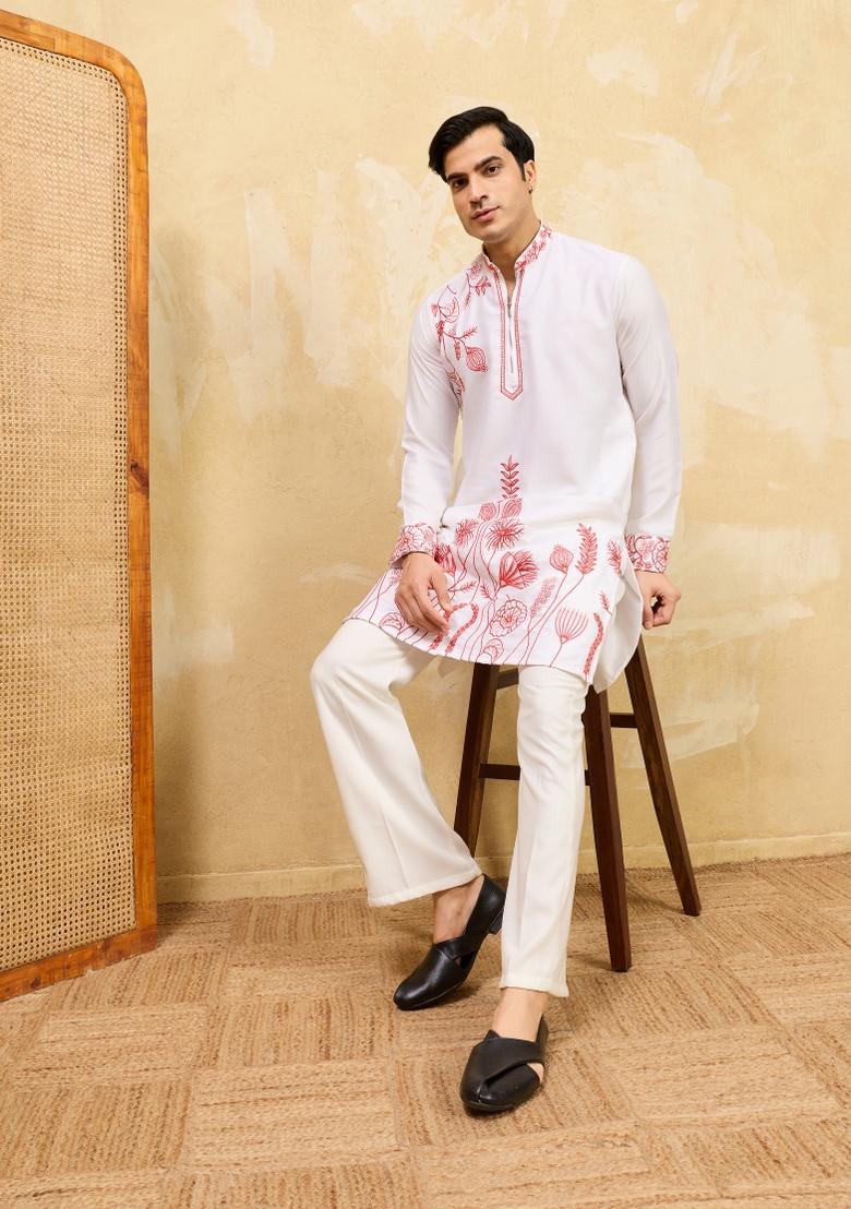 White Embroidered Silk Blend Kurta For Men - Indya
