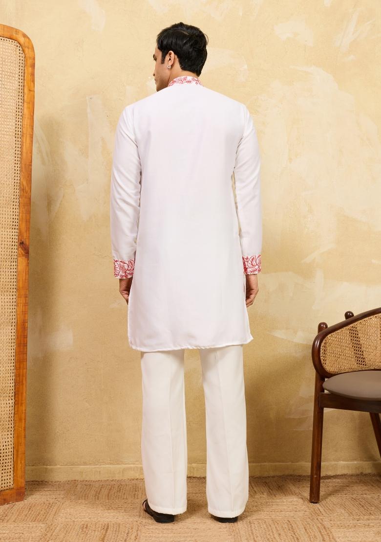 White Embroidered Silk Blend Kurta For Men - Indya