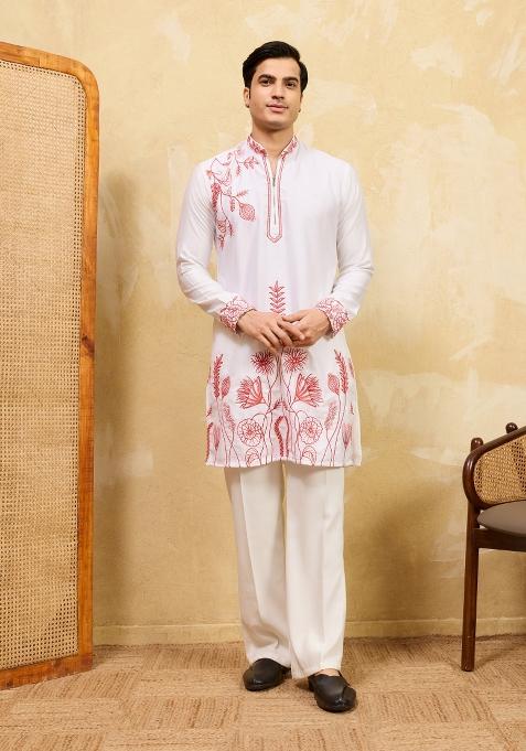 White Embroidered Silk Kurta For Men