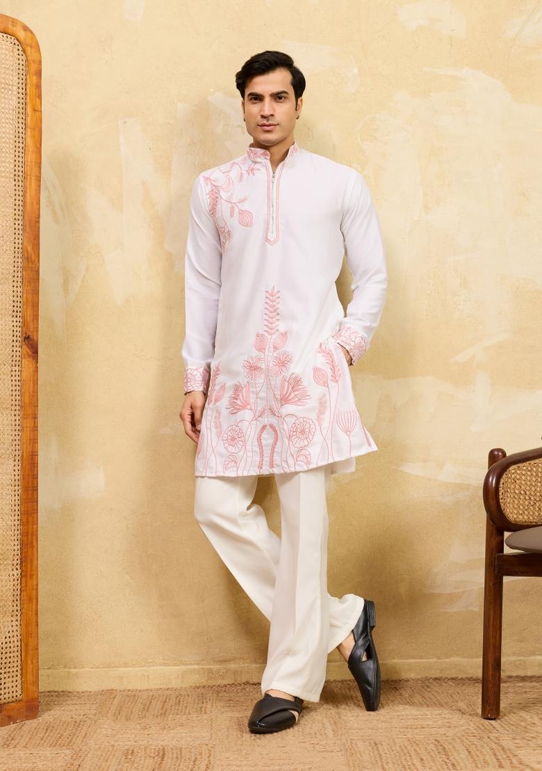White Embroidered Silk Blend Kurta For Men - Indya
