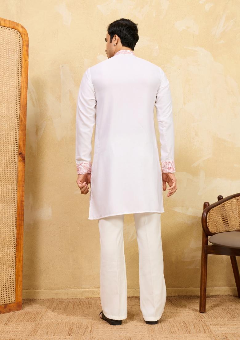 White Embroidered Silk Blend Kurta For Men - Indya