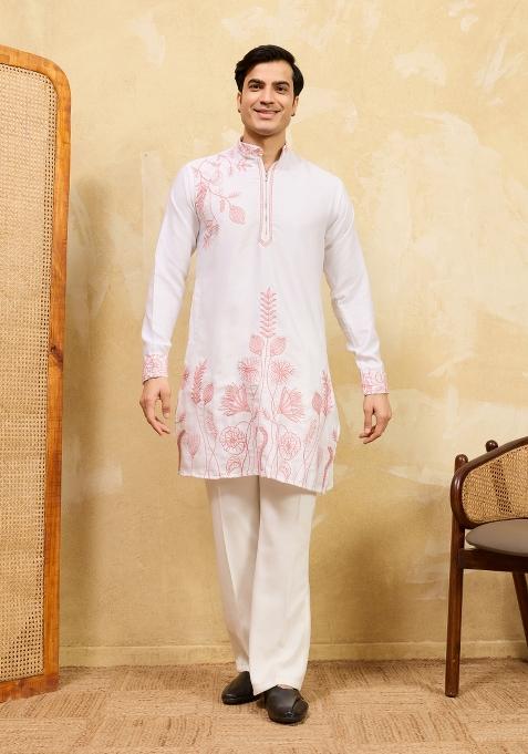 White Embroidered Silk Kurta For Men