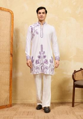 White Embroidered Silk Blend Kurta For Men
