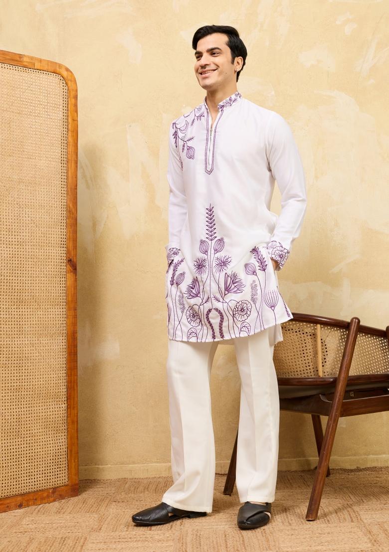 White Embroidered Silk Blend Kurta For Men - Indya