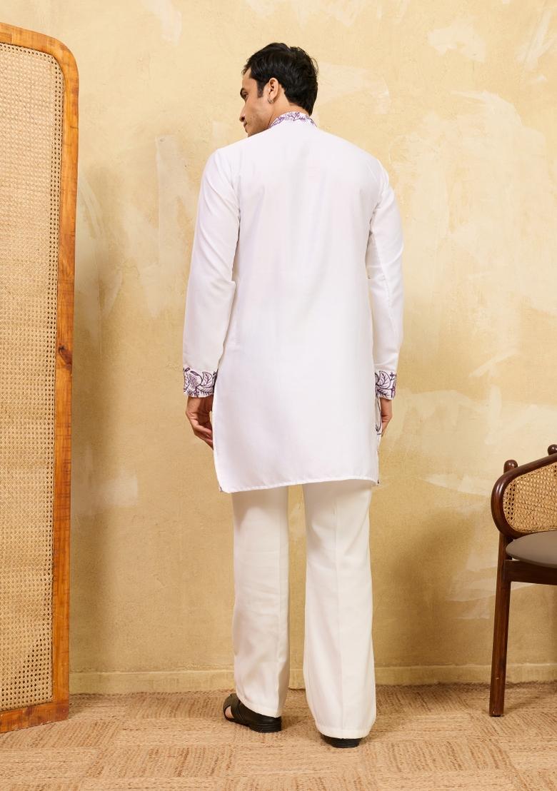White Embroidered Silk Blend Kurta For Men - Indya