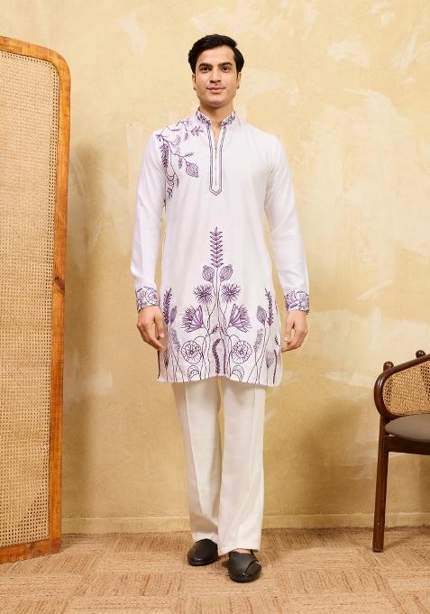 White Embroidered Silk Kurta For Men