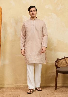 Beige Embroidered Silk Blend Kurta For Men