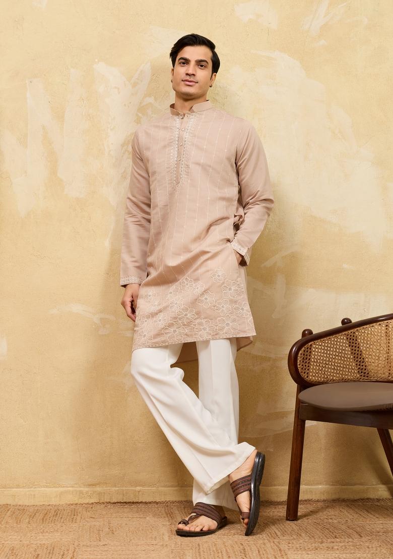 Beige Embroidered Silk Blend Kurta For Men - Indya