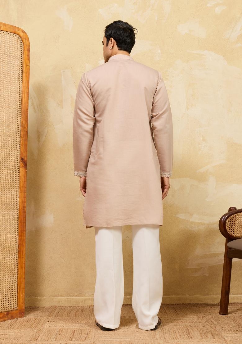 Beige Embroidered Silk Blend Kurta For Men - Indya