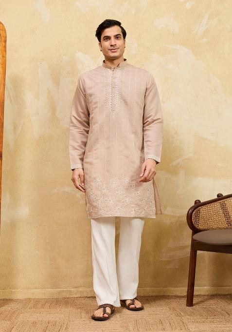 Beige Embroidered Silk Kurta For Men