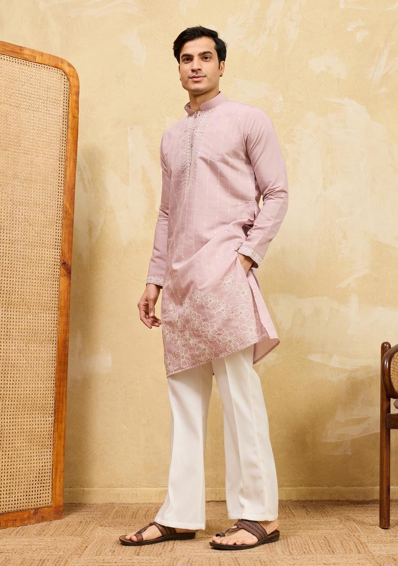 Pink Embroidered Silk Blend Kurta For Men - Indya