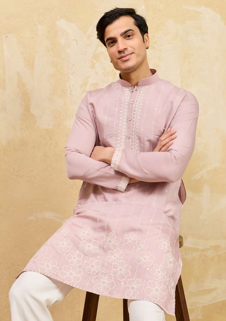Pink Embroidered Silk Blend Kurta For Men - Indya