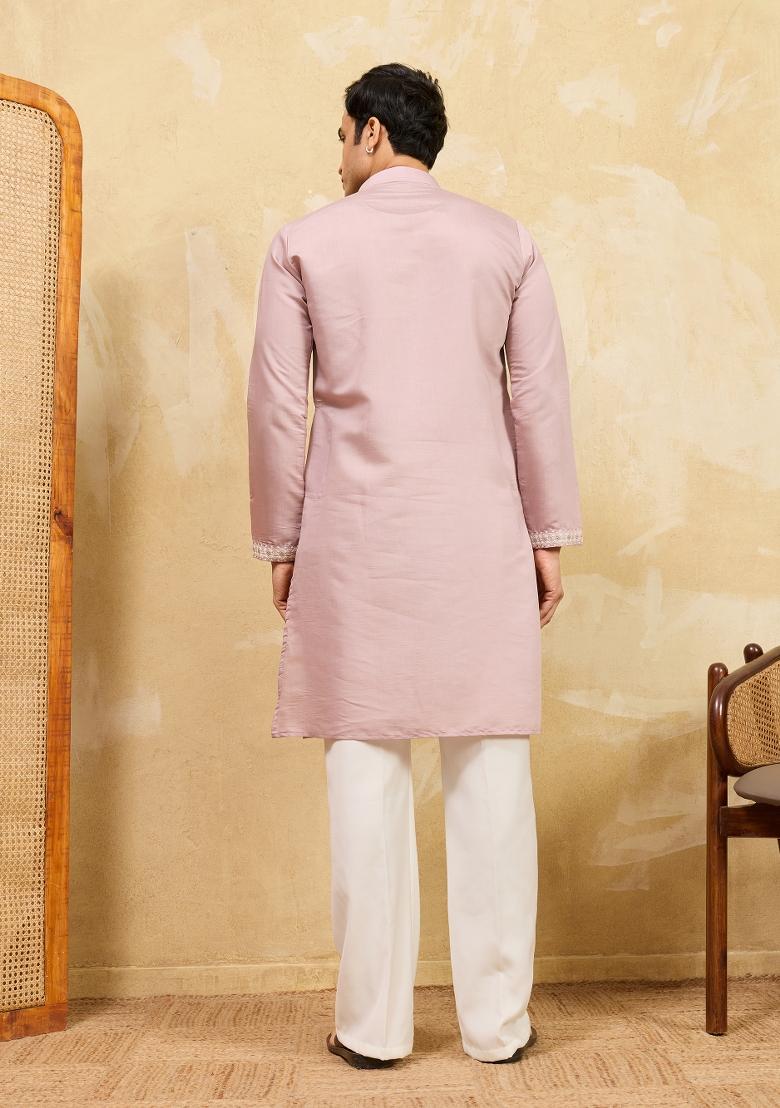 Pink Embroidered Silk Blend Kurta For Men - Indya