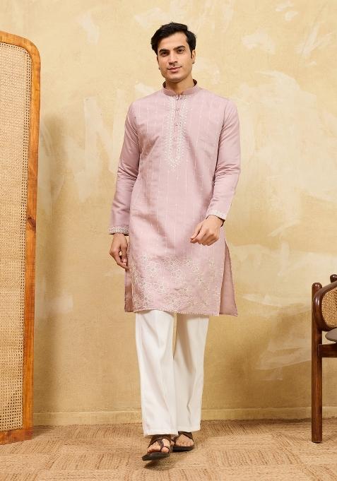 Pink Embroidered Silk Kurta For Men