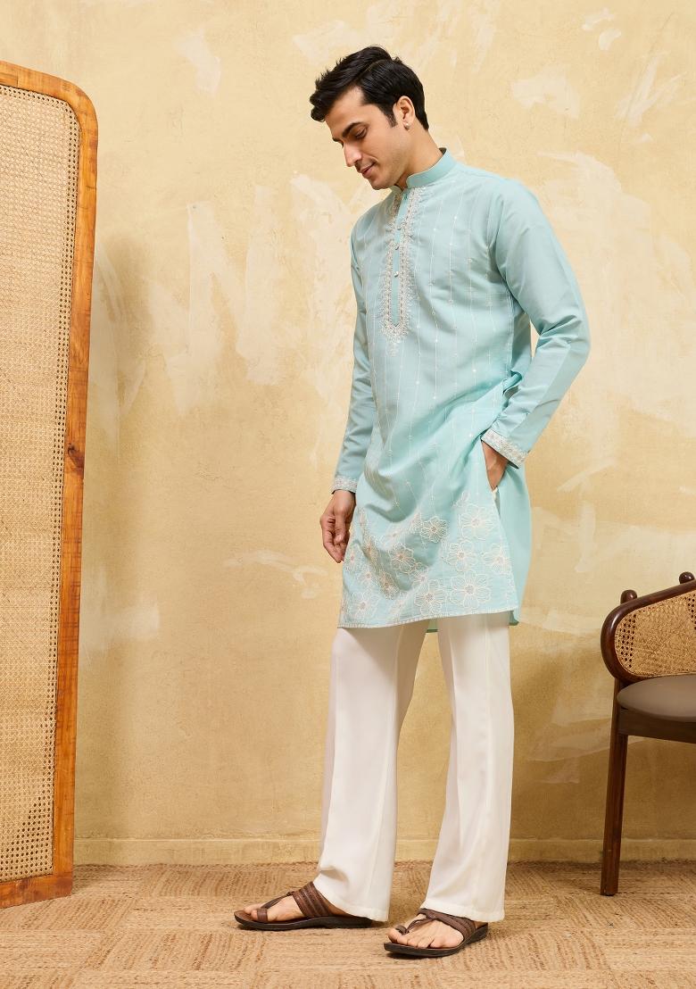 Sky Blue Embroidered Silk Blend Kurta For Men - Indya