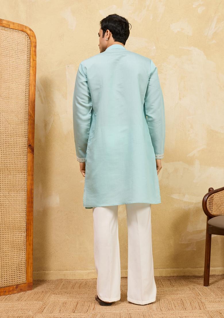 Sky Blue Embroidered Silk Blend Kurta For Men - Indya