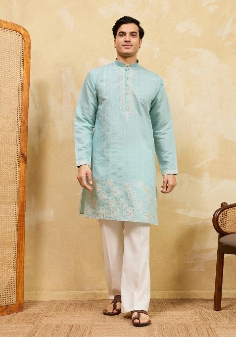 Sky Blue Embroidered Silk Kurta For Men