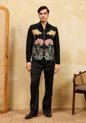 Black Embroidered Velvet Jacket Pant Set Men