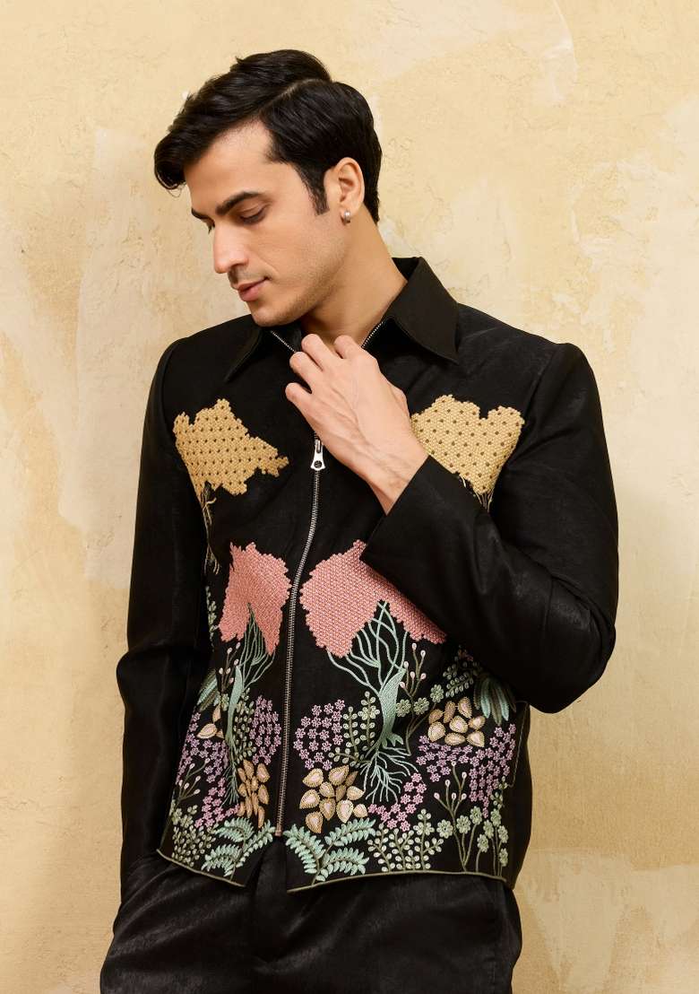 Black Embroidered Velvet Jacket Pant Set Men - Indya