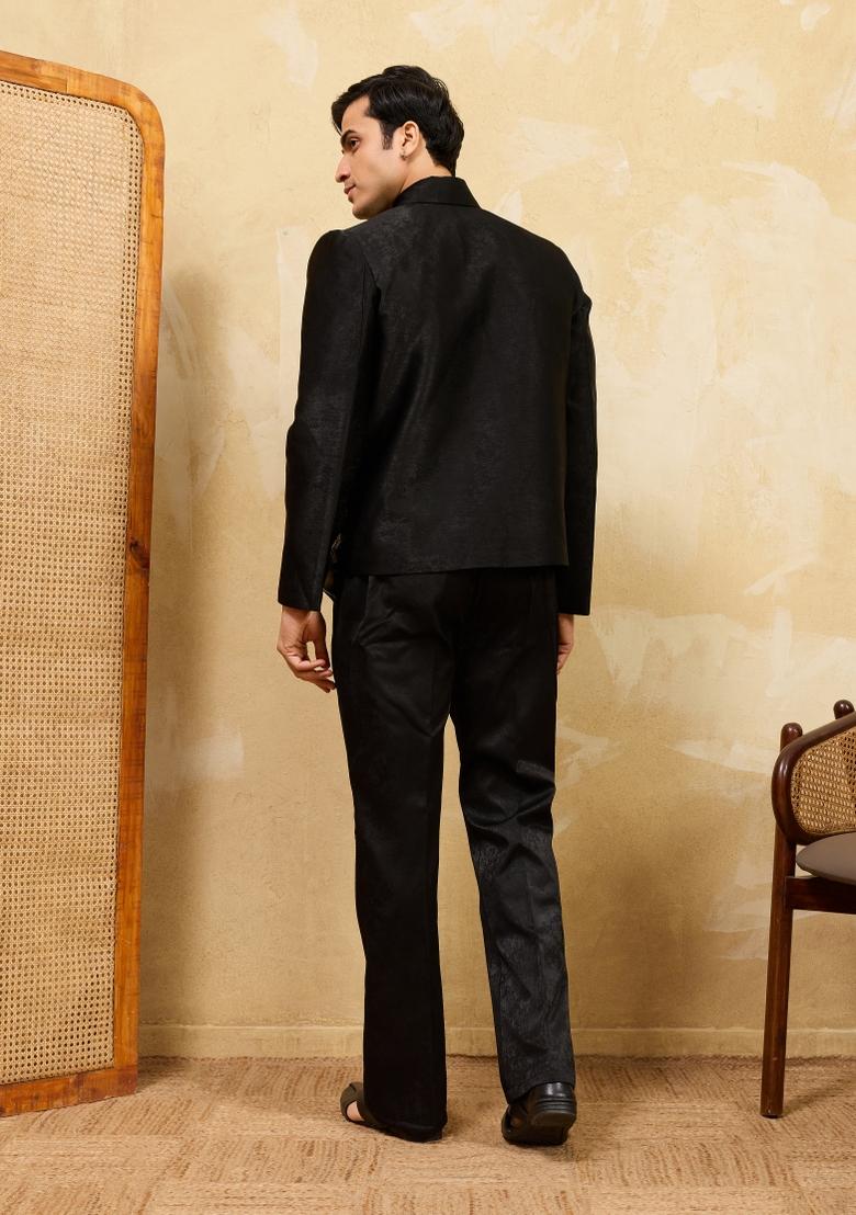 Black Embroidered Velvet Jacket Pant Set Men - Indya