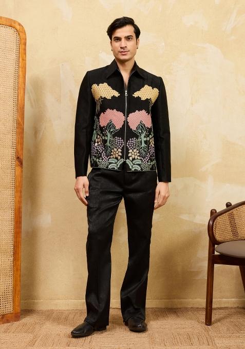 Black Embroidered Velvet Jacket Pant Set Men