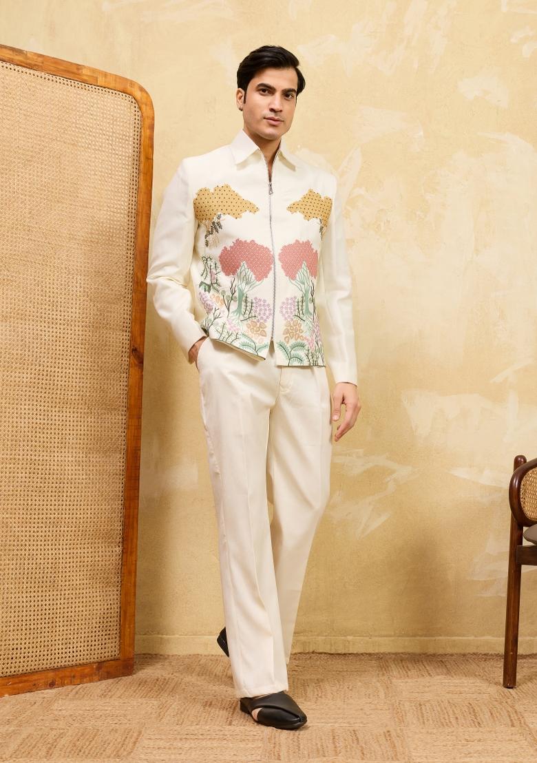 White Embroidered Velvet Jacket Pant Set Men - Indya