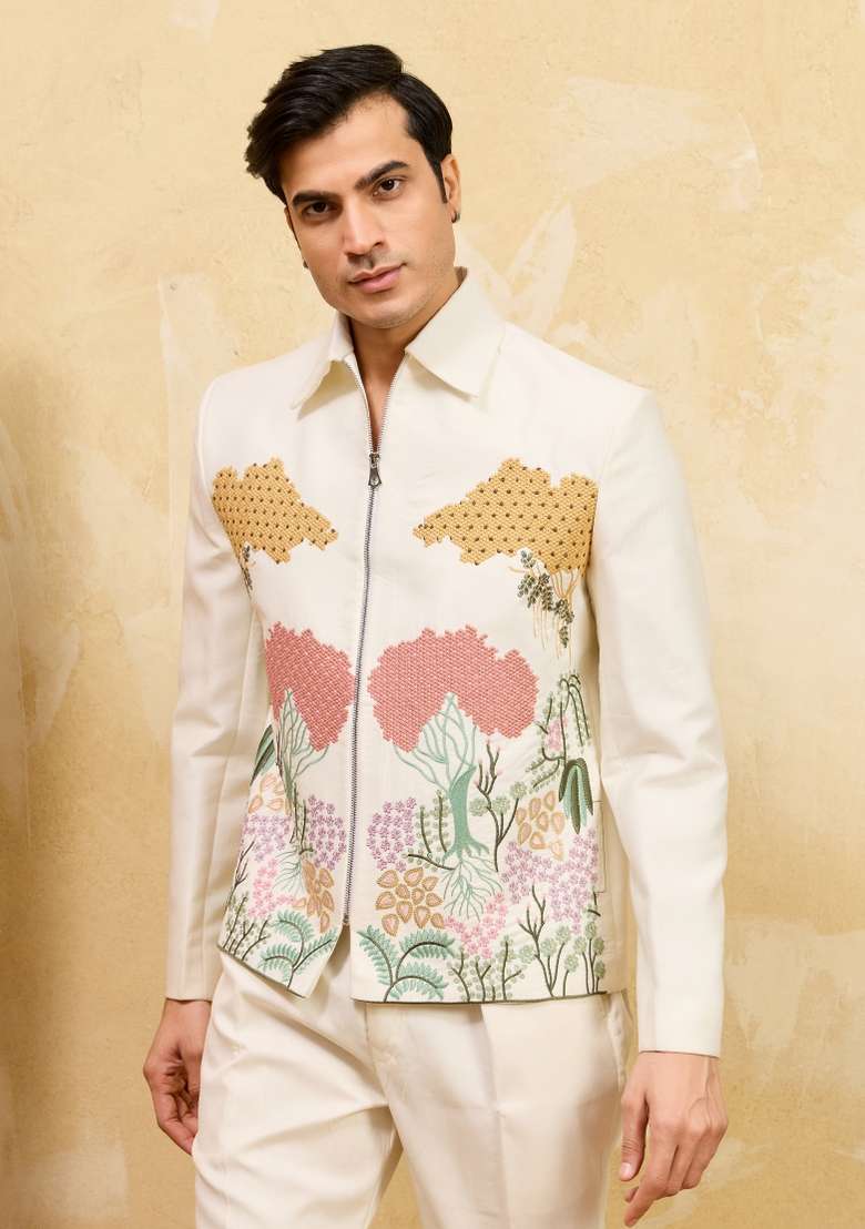 White Embroidered Velvet Jacket Pant Set Men - Indya