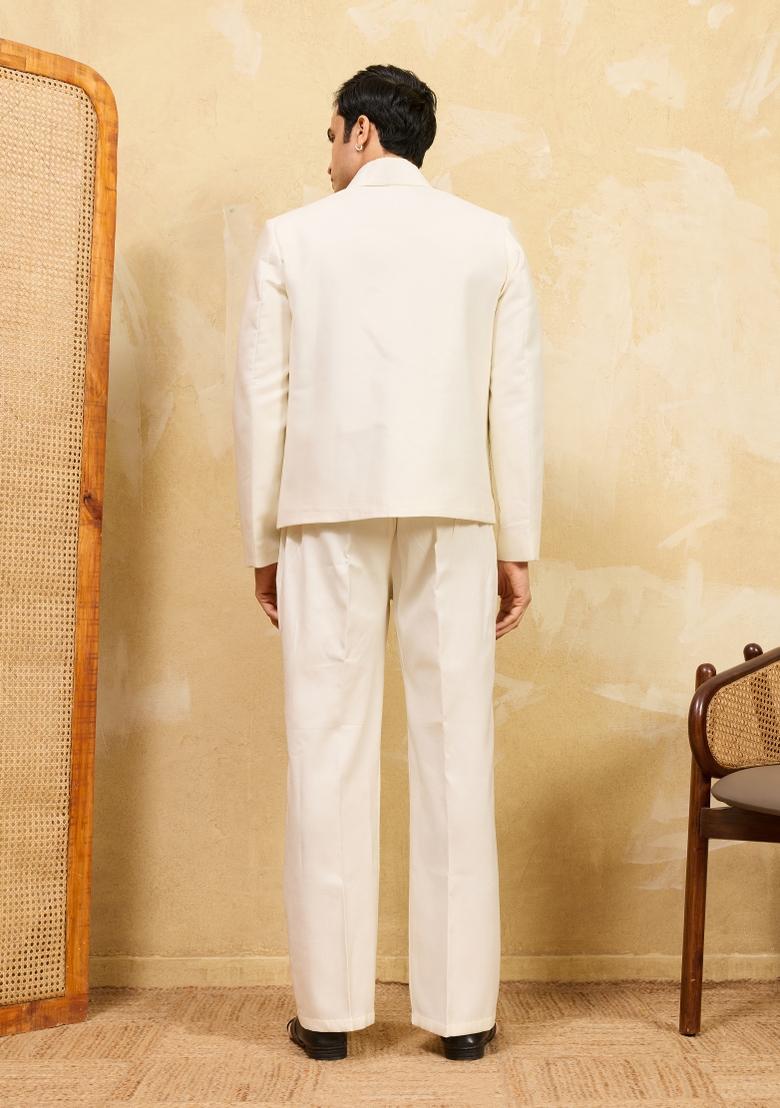 White Embroidered Velvet Jacket Pant Set Men - Indya
