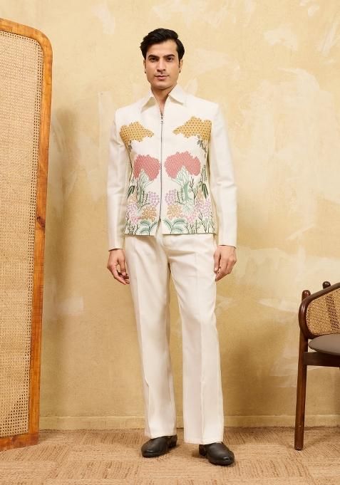 White Embroidered Velvet Jacket Pant Set Men