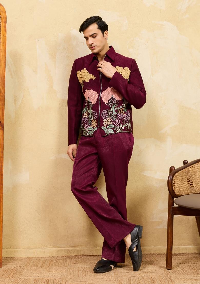 Maroon Embroidered Silk Blend Jacket Pant Set Men - Indya