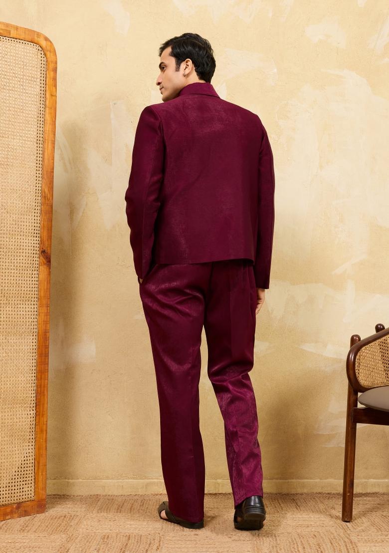 Maroon Embroidered Silk Blend Jacket Pant Set Men - Indya