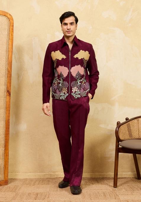 Maroon Embroidered Silk Jacket Pant Set Men
