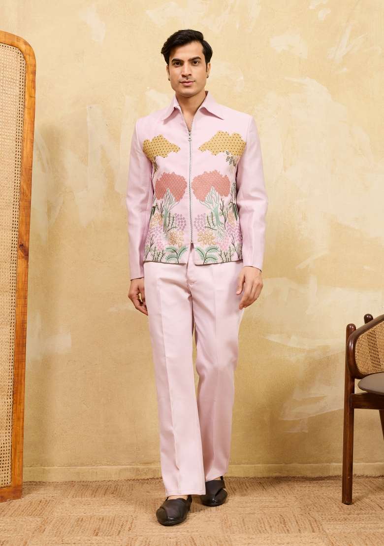 Pink Embroidered Silk Blend Jacket Pant Set Men - Indya