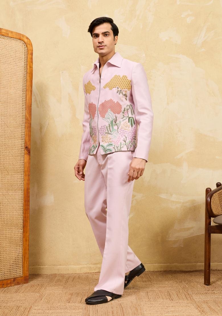 Pink Embroidered Silk Blend Jacket Pant Set Men - Indya