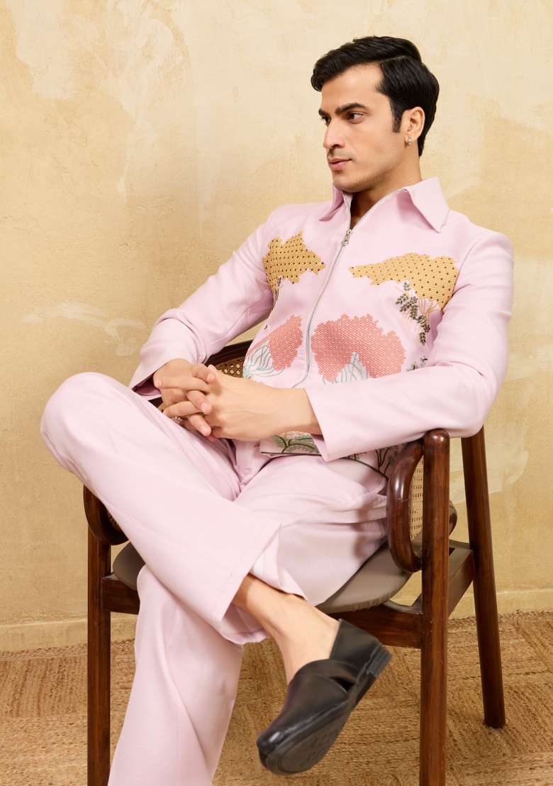 Pink Embroidered Silk Blend Jacket Pant Set Men - Indya