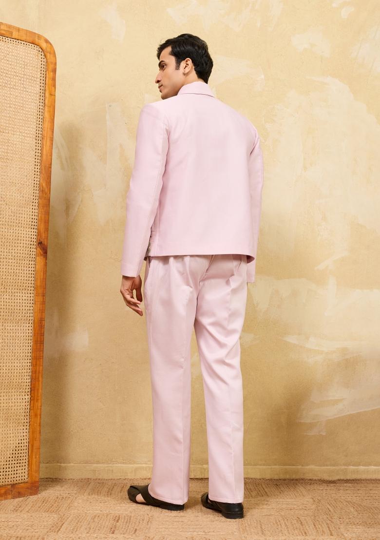 Pink Embroidered Silk Blend Jacket Pant Set Men - Indya