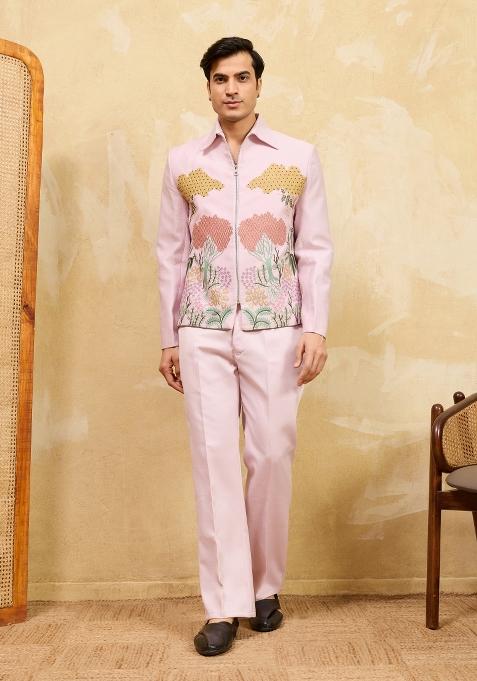 Pink Embroidered Silk Jacket Pant Set Men