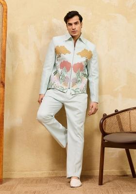 Sky Blue Embroidered Velvet Jacket Pant Set Men