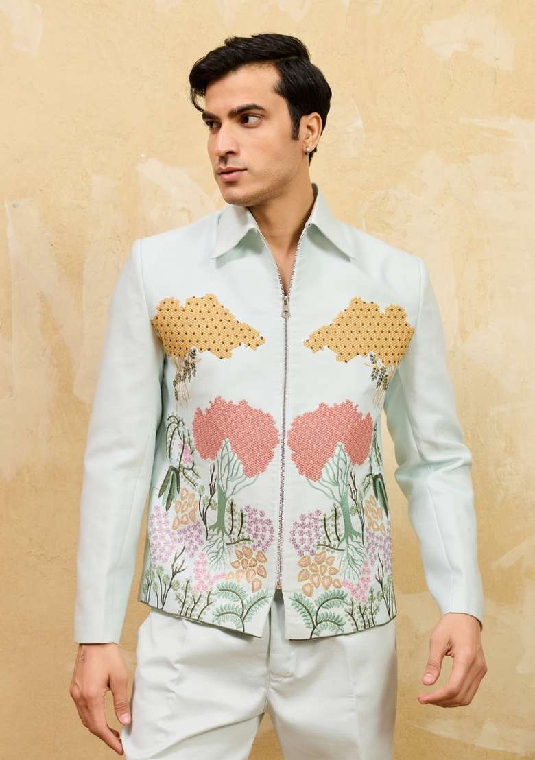 Sky Blue Embroidered Velvet Jacket Pant Set Men - Indya